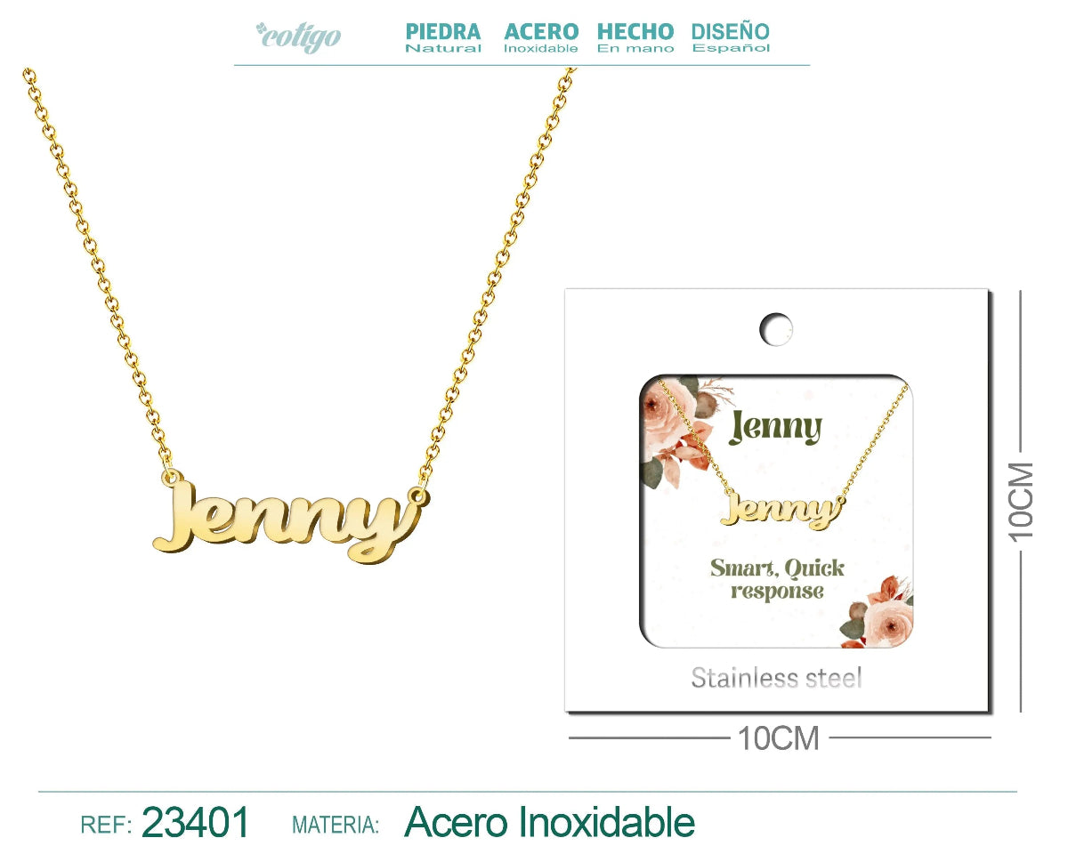 Collar dorado con nombre Jenny escrito en cursiva diseño retro clásico y acabado brillante