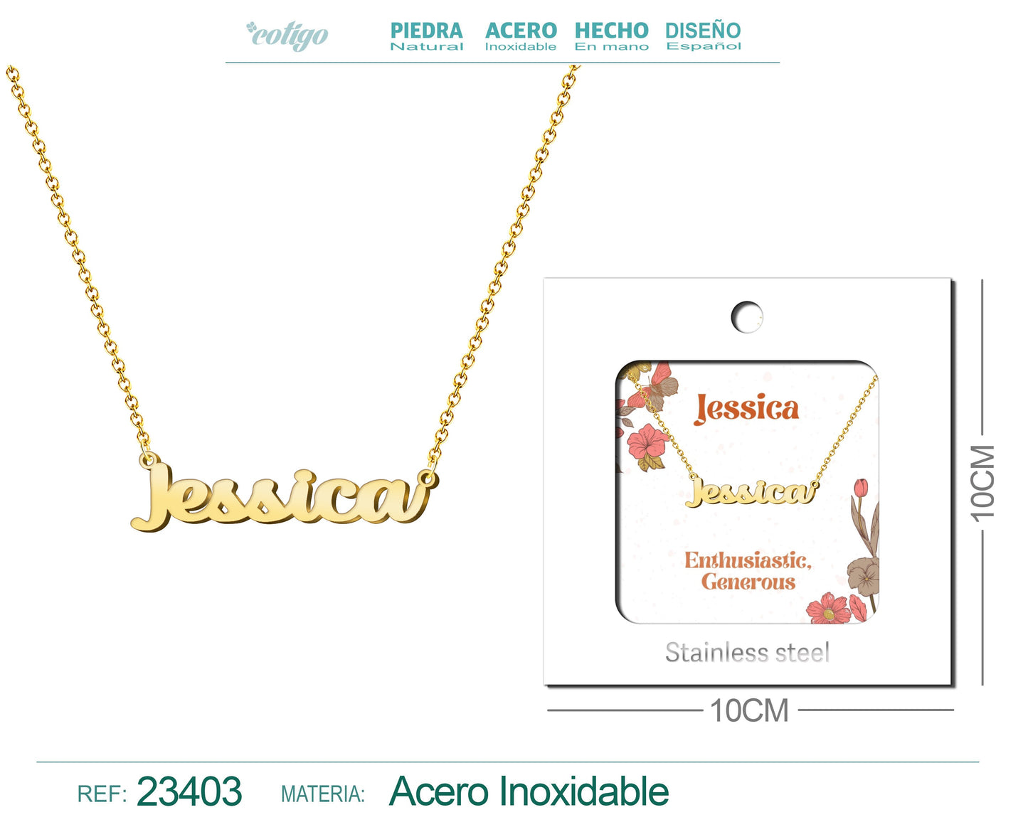 Collar Nombre Ingles Jessica Acero con Sobre