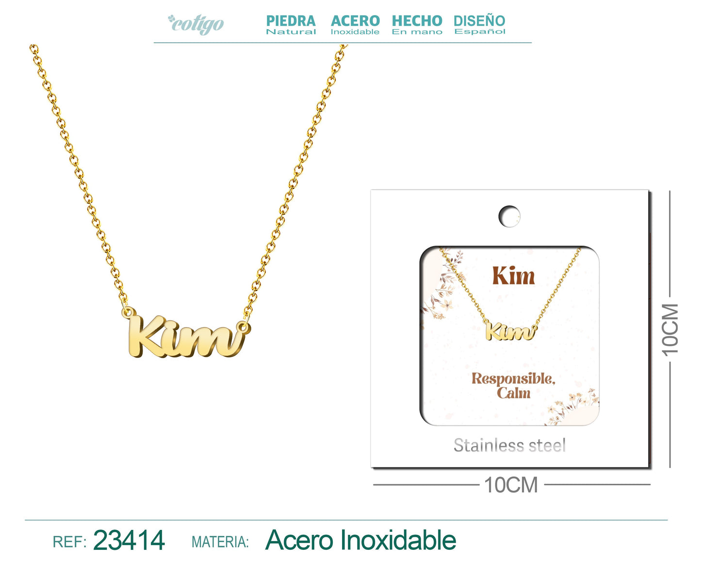 Collar Nombre Ingles Kim Acero con Sobre