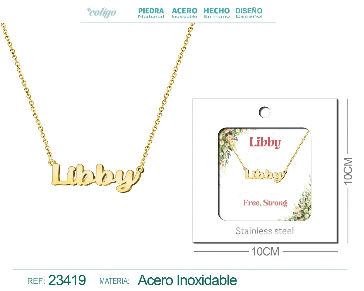 Collar dorado con nombre Libby escrito en cursiva diseño juvenil con encanto británico y acabado brillante