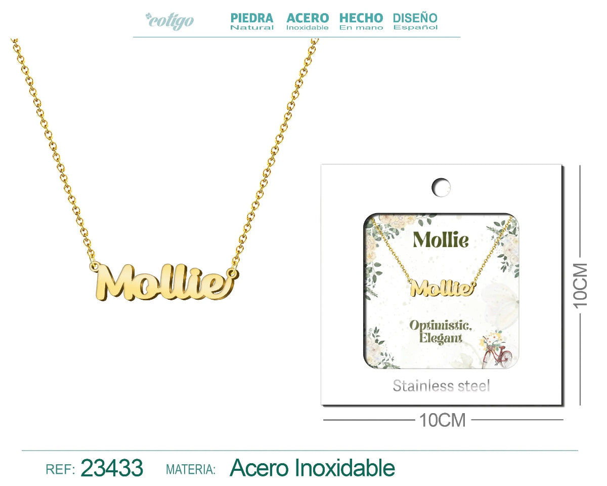 Collar dorado con nombre Mollie escrito en cursiva diseño sofisticado de inspiración internacional y acabado brillante en acero inoxidable