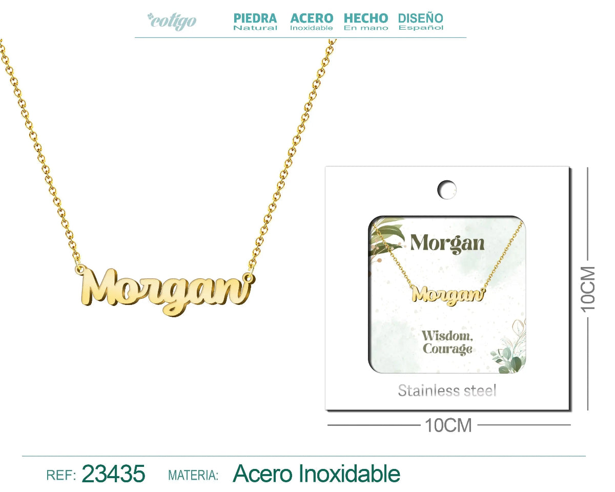 Collar dorado con nombre Morgan escrito en cursiva diseño moderno de estilo unisex y acabado brillante en acero inoxidable