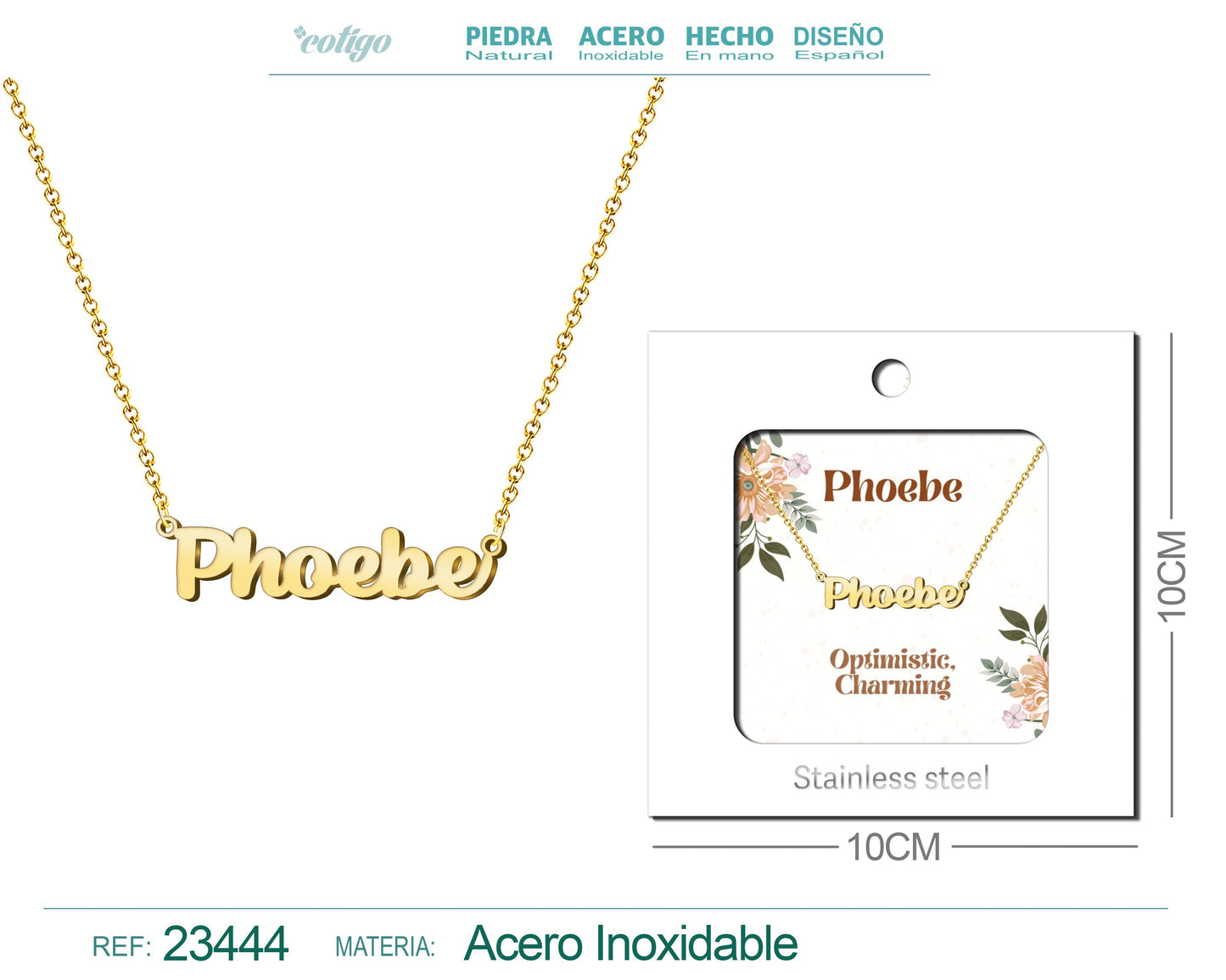 Collar Nombre Ingles Phoebe Acero con Sobre