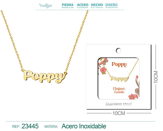 Collar Nombre Ingles Poppy Acero con Sobre
