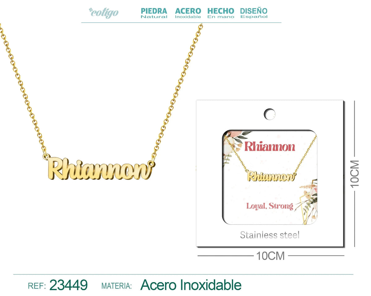 Collar dorado con nombre Rhiannon escrito en cursiva diseño místico de estilo galés y acabado brillante en acero inoxidable