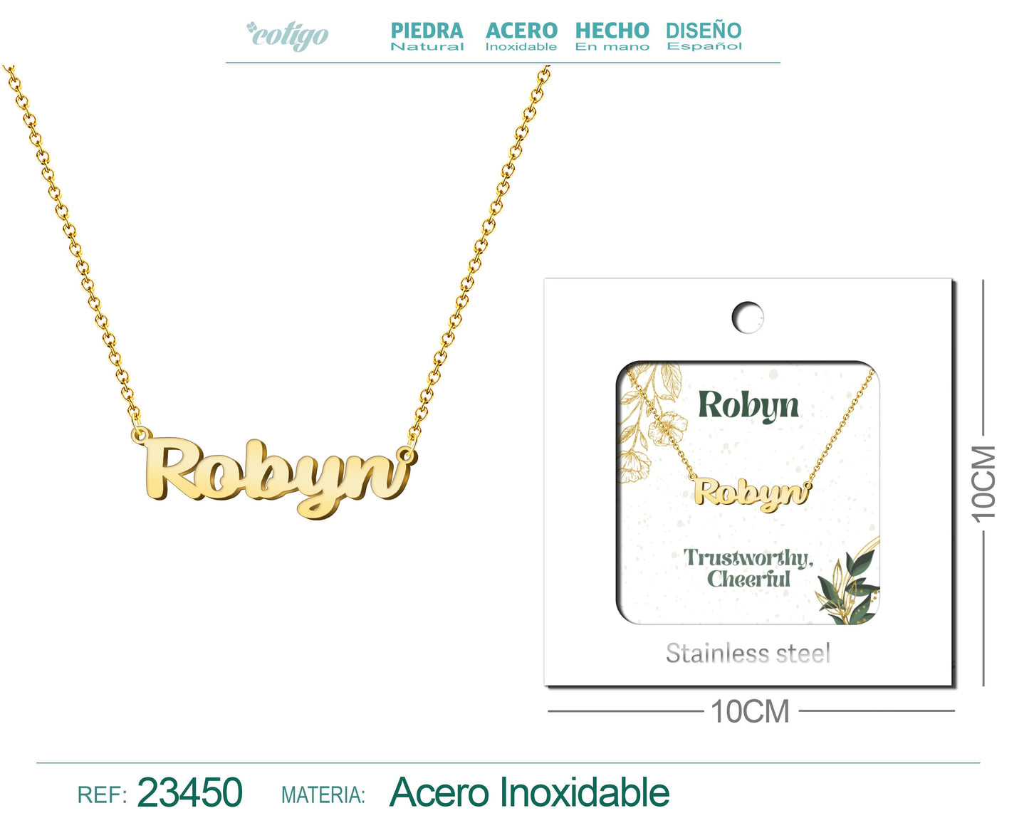 Collar Nombre Ingles Robyn Acero con Sobre