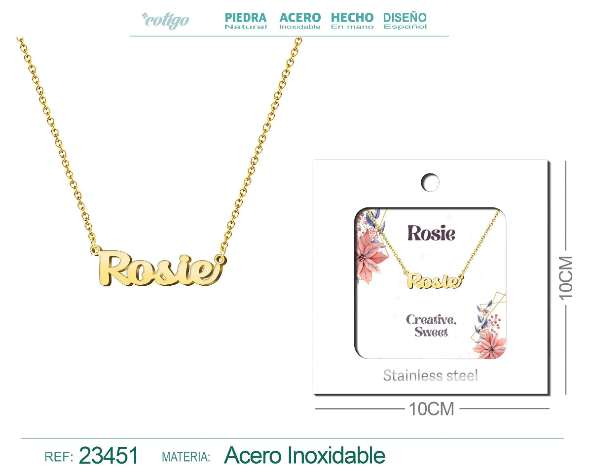 Collar dorado con nombre Rosie escrito en cursiva diseño dulce de estilo británico y acabado brillante en acero inoxidable