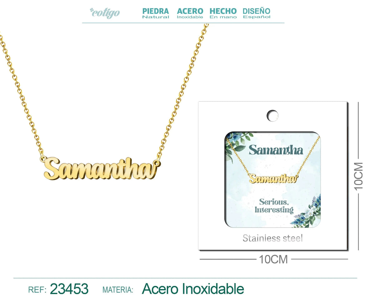 Collar dorado con nombre Samantha escrito en cursiva diseño clásico internacional con acabado brillante en acero inoxidable