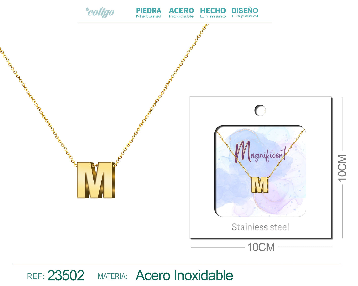 Collar letra Ingles M Acero con Sobre