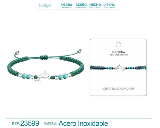 Pulsera Hilo Encerado Azul Cian con Colgante de Delfin