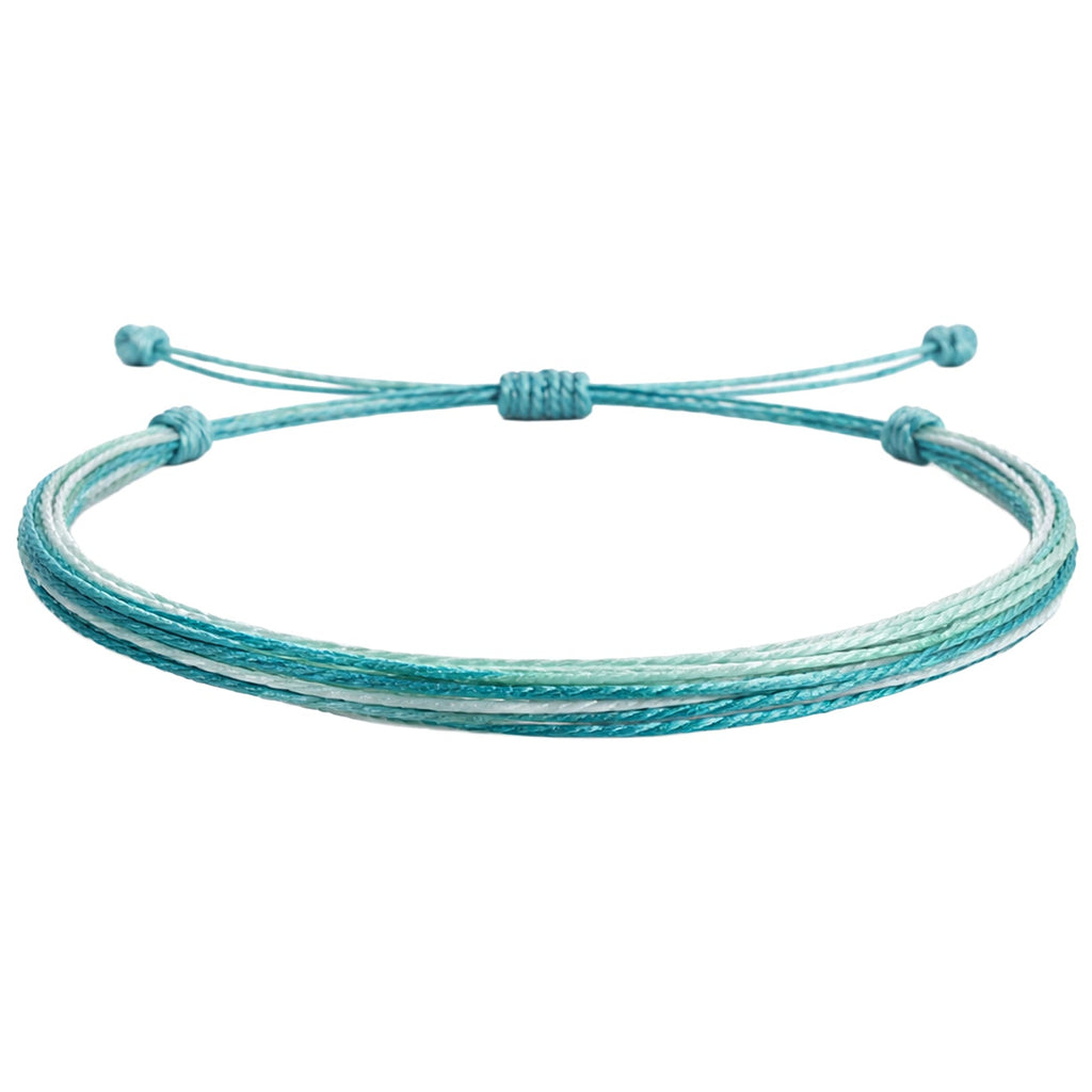 Vista frontal de pulsera de cordones turquesa y gris con ajuste corredizo y extremos anudados