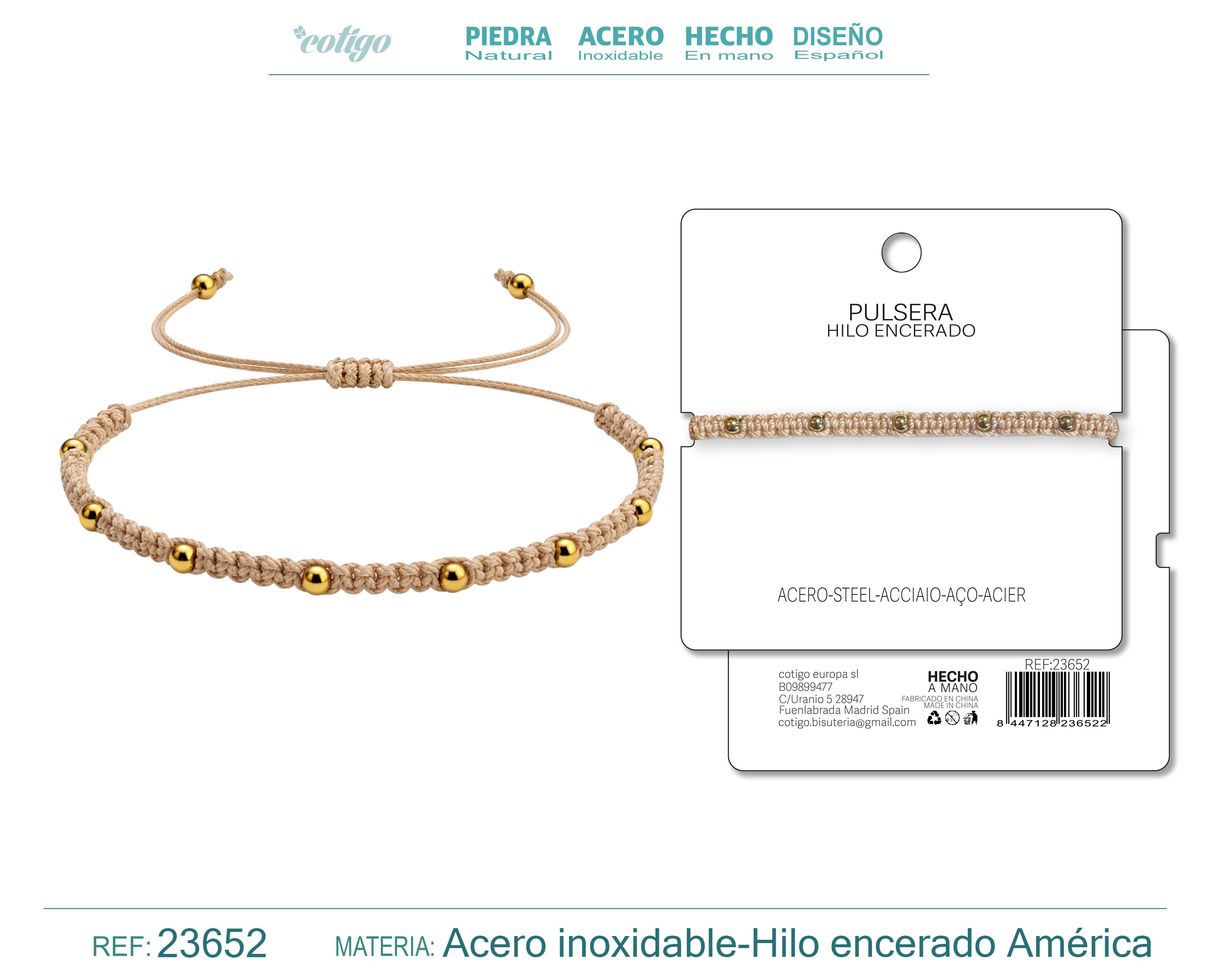 Pulsera de Hilo Encerado con Cuentas de Acero Inoxidable en acabado beige – vista principal