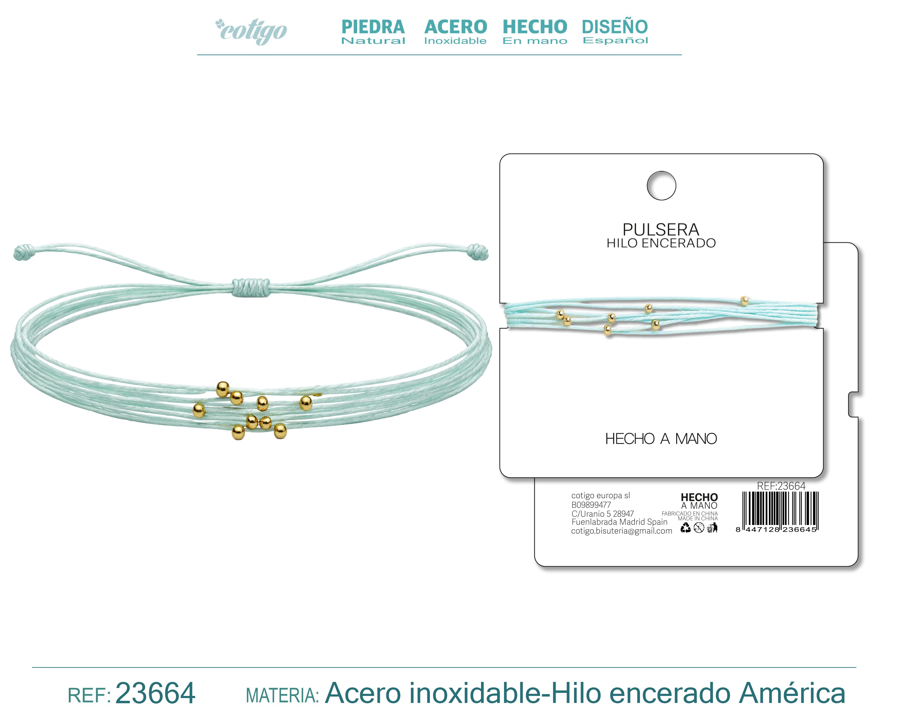 Pulsera Multihilo Encerado con Cuentas de Acero Inoxidable en acabado azul cian – vista principal