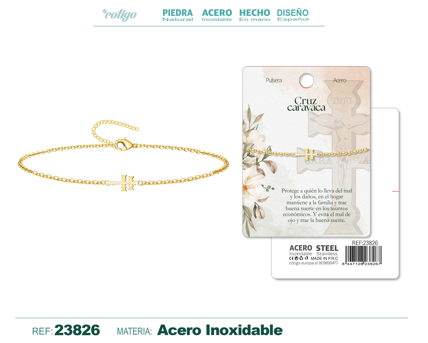 Pulsera Cruz Caravaca Acero Color Dorado