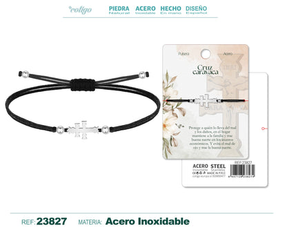Pulsera Hilo encerado con Cruz Caravaca Acero Color Plateado
