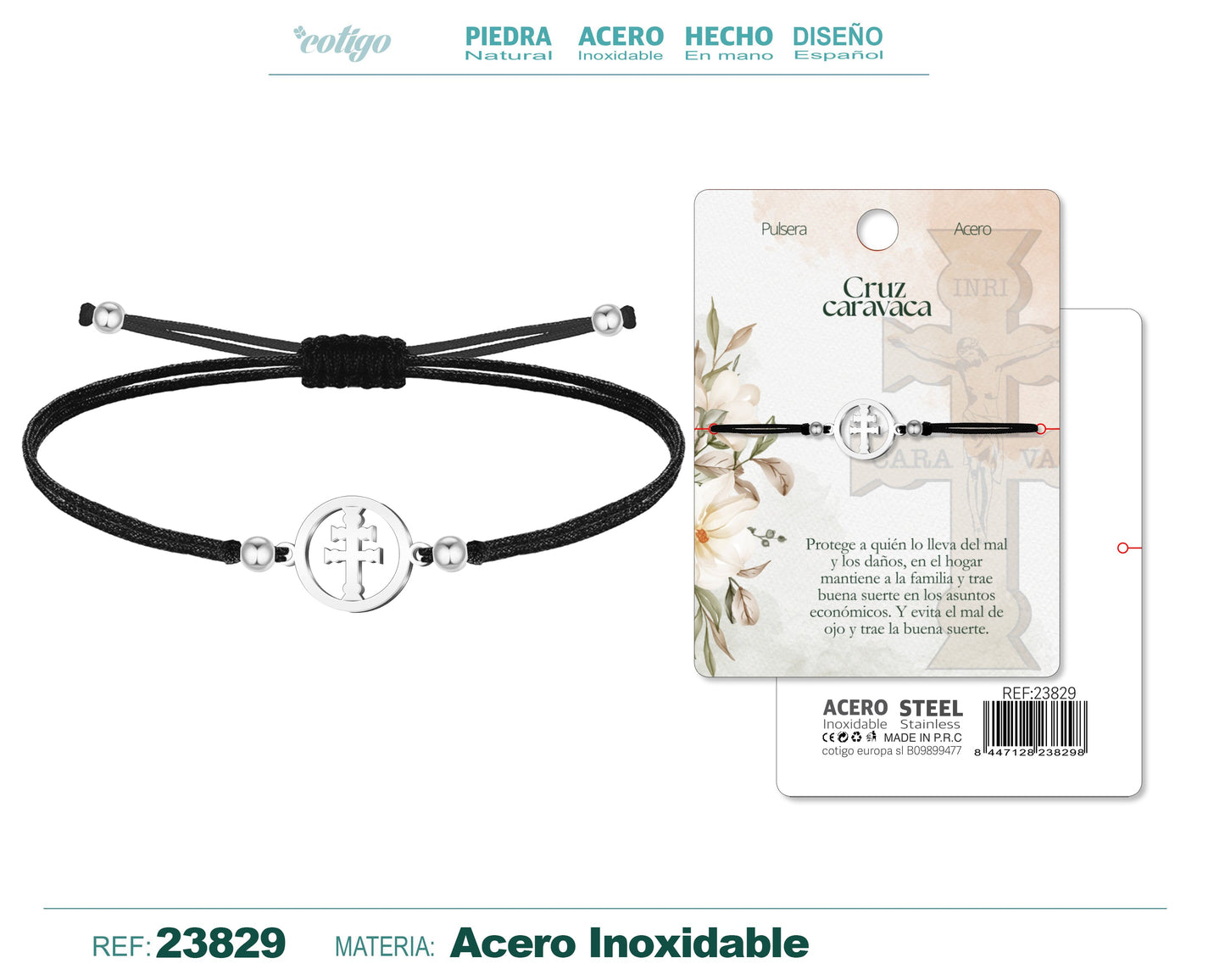 Pulsera Hilo encerado con Cruz Caravaca Acero Color Plateado