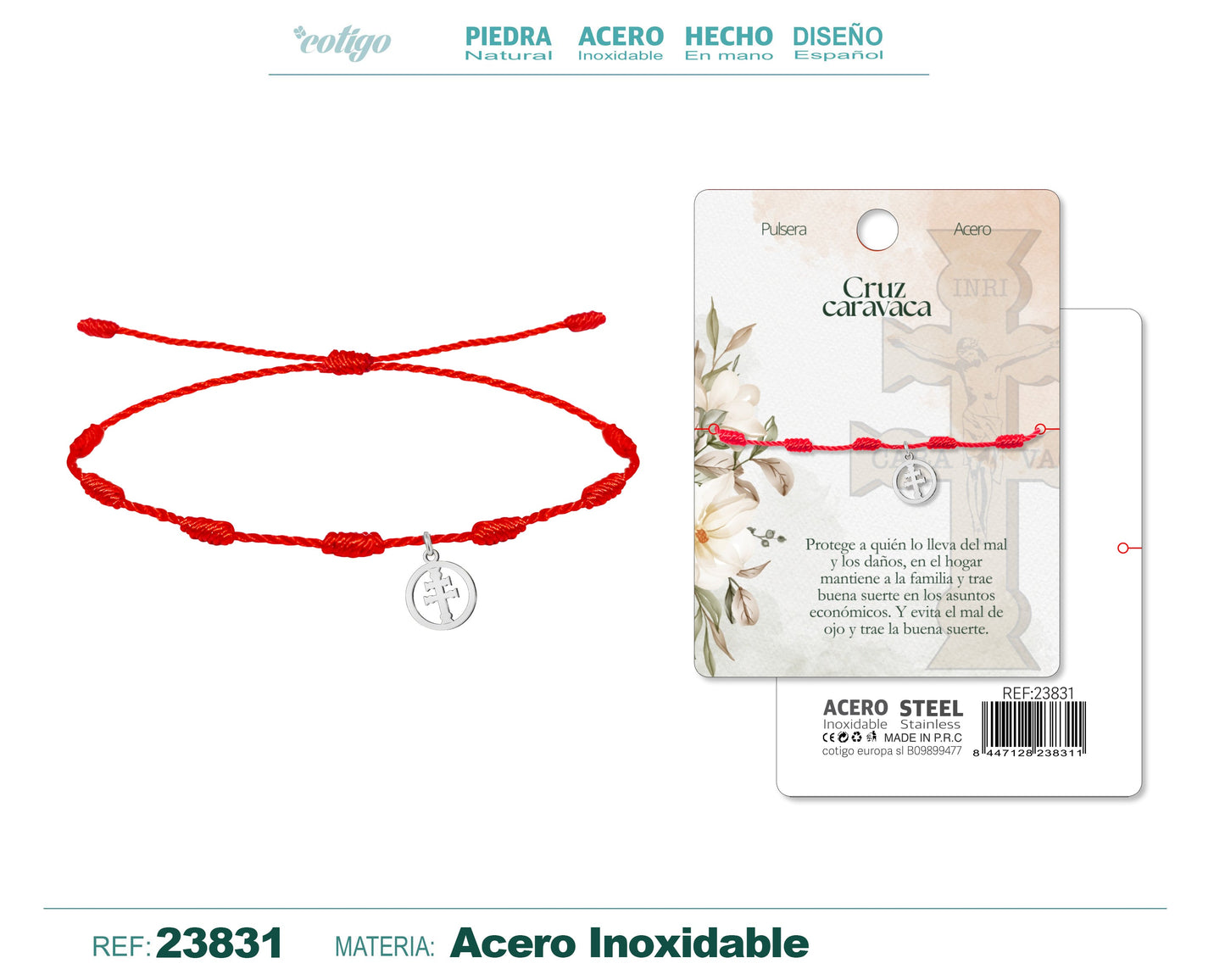 Pulsera 7 nudos con Cruz Caravaca Acero Color Plateado