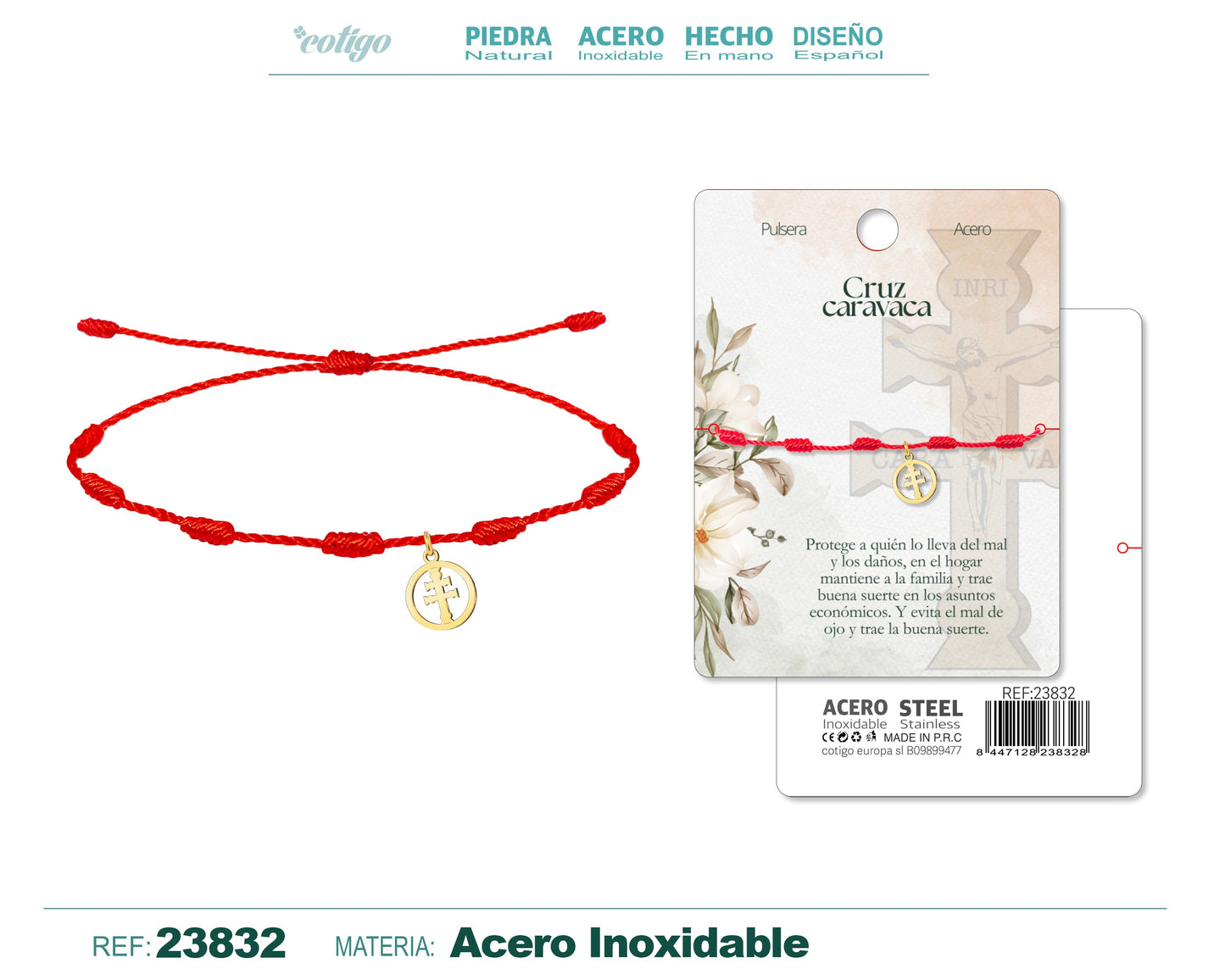 Pulsera 7 nudos con Cruz Caravaca Acero Color Dorado