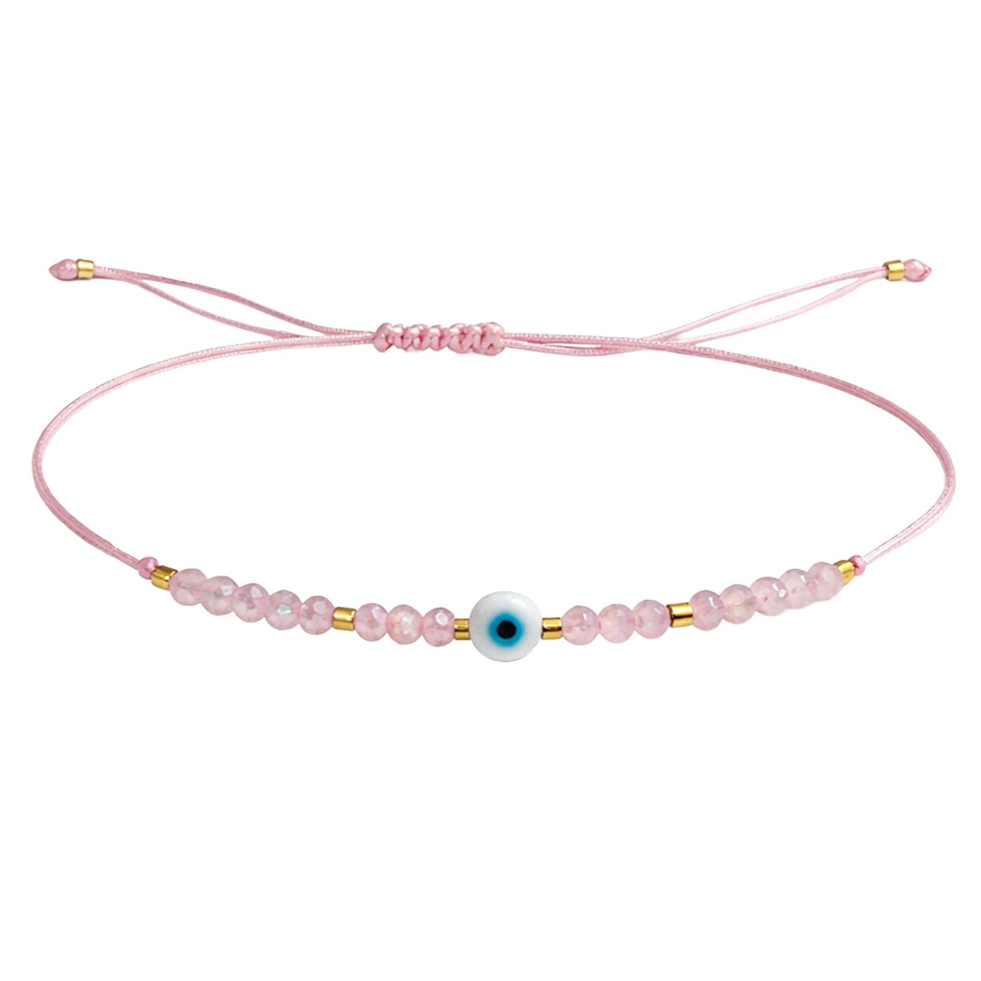 Pulsera de Hilo con Cuentas y Ojo Turco en acabado rosa – vista principal del diseño hilo con cuentas y ojo turco