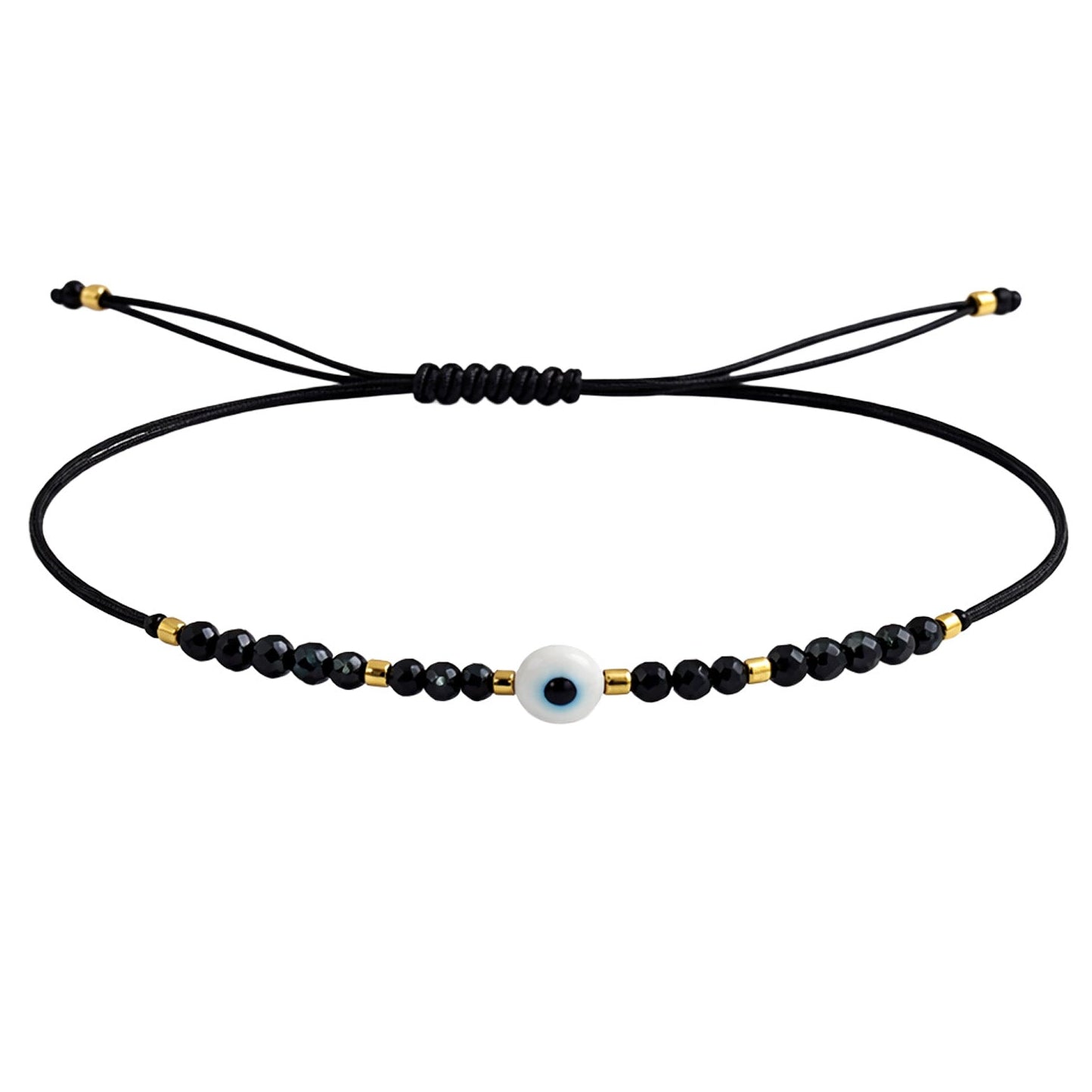 Pulsera de Hilo con Cuentas y Ojo Turco en acabado negro – vista principal del diseño hilo con cuentas y ojo turco