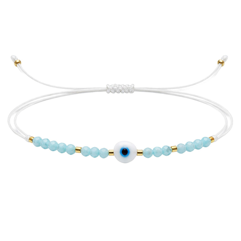 Pulsera de Hilo con Cuentas y Ojo Turco en acabado azul claro – vista principal del diseño hilo con cuentas y ojo turco