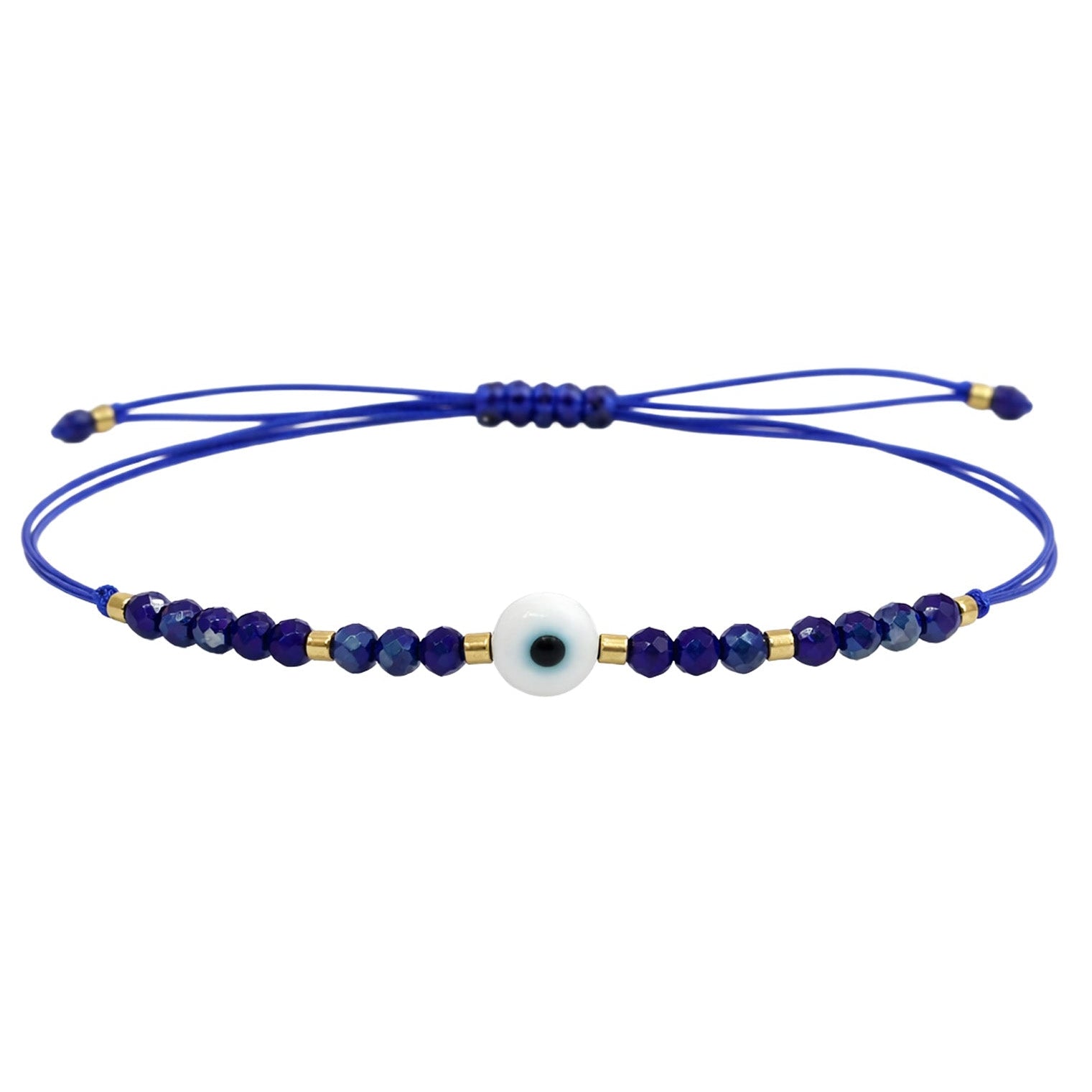 Pulsera de Hilo con Cuentas y Ojo Turco en acabado azul marino – vista principal del diseño hilo con cuentas y ojo turco