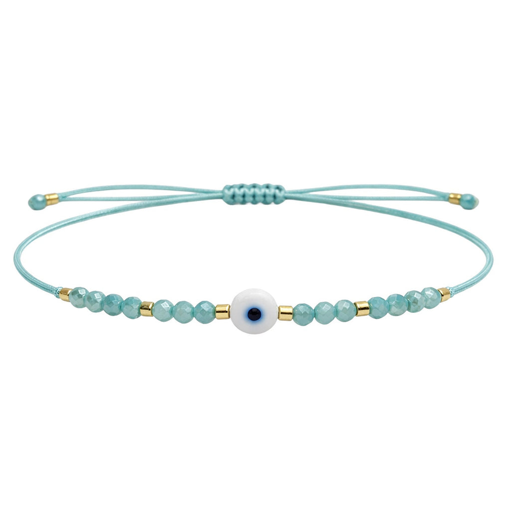Pulsera de Hilo con Cuentas y Ojo Turco en acabado verde menta – vista principal del diseño hilo con cuentas y ojo turco