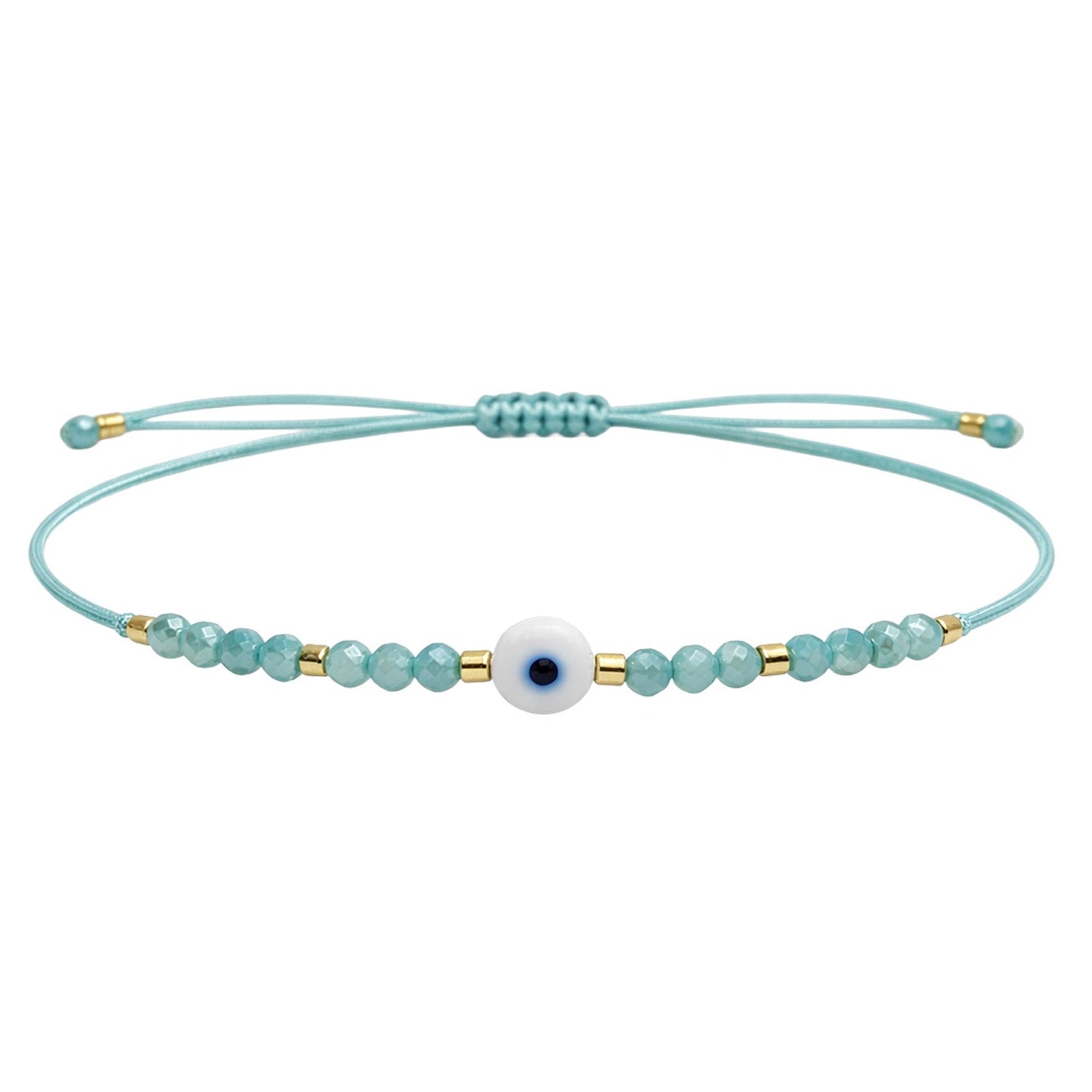 Pulsera de Hilo con Cuentas y Ojo Turco en acabado verde menta – vista principal del diseño hilo con cuentas y ojo turco