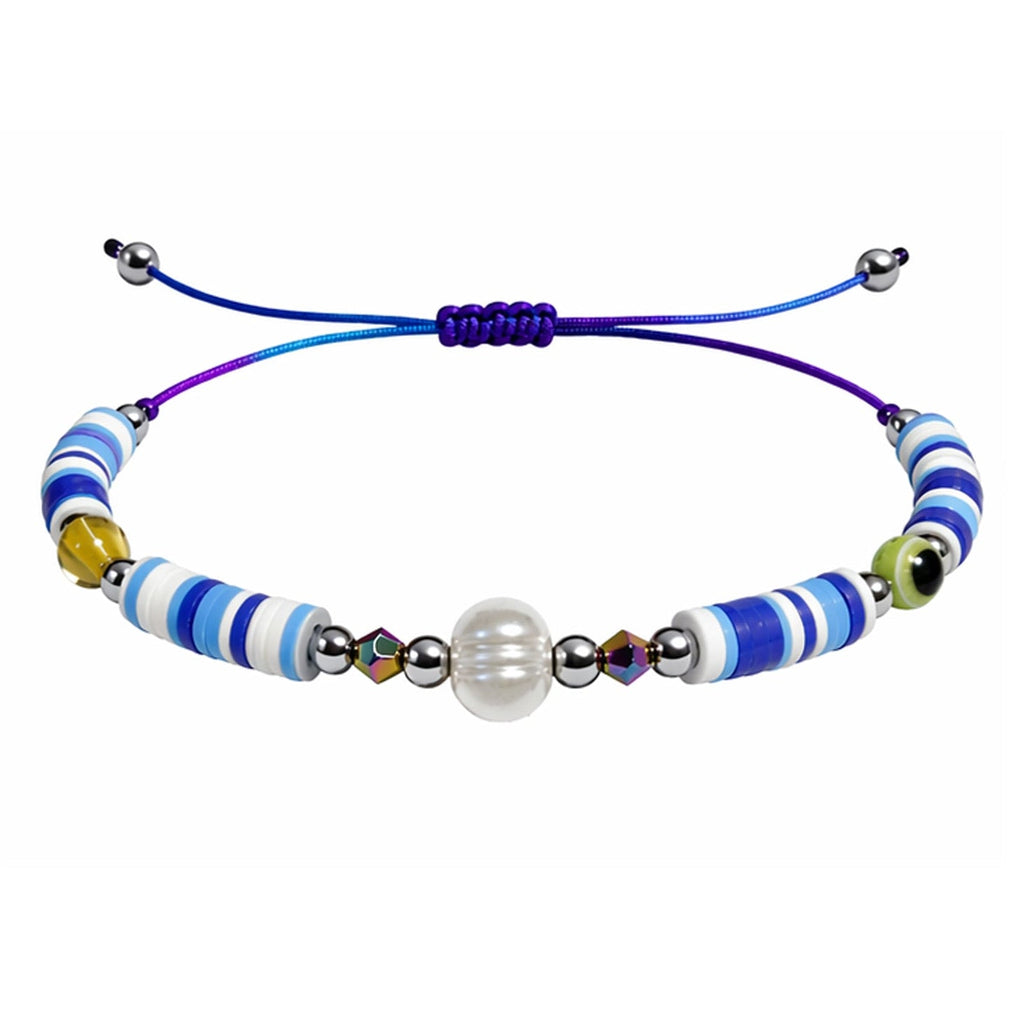 Pulsera de Hilo con Cuentas Heishi y Bola de Acero - Color Azul - SKU 23856