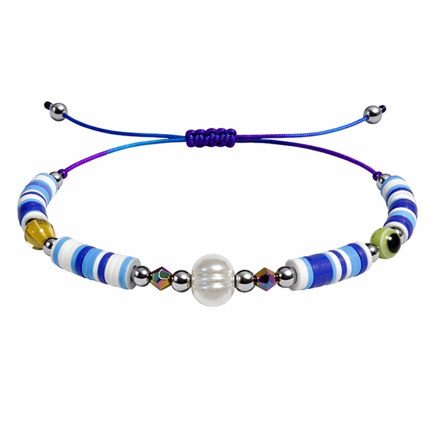 Pulsera de Hilo con Cuentas Heishi y Bola de Acero - Color Azul - SKU 23856