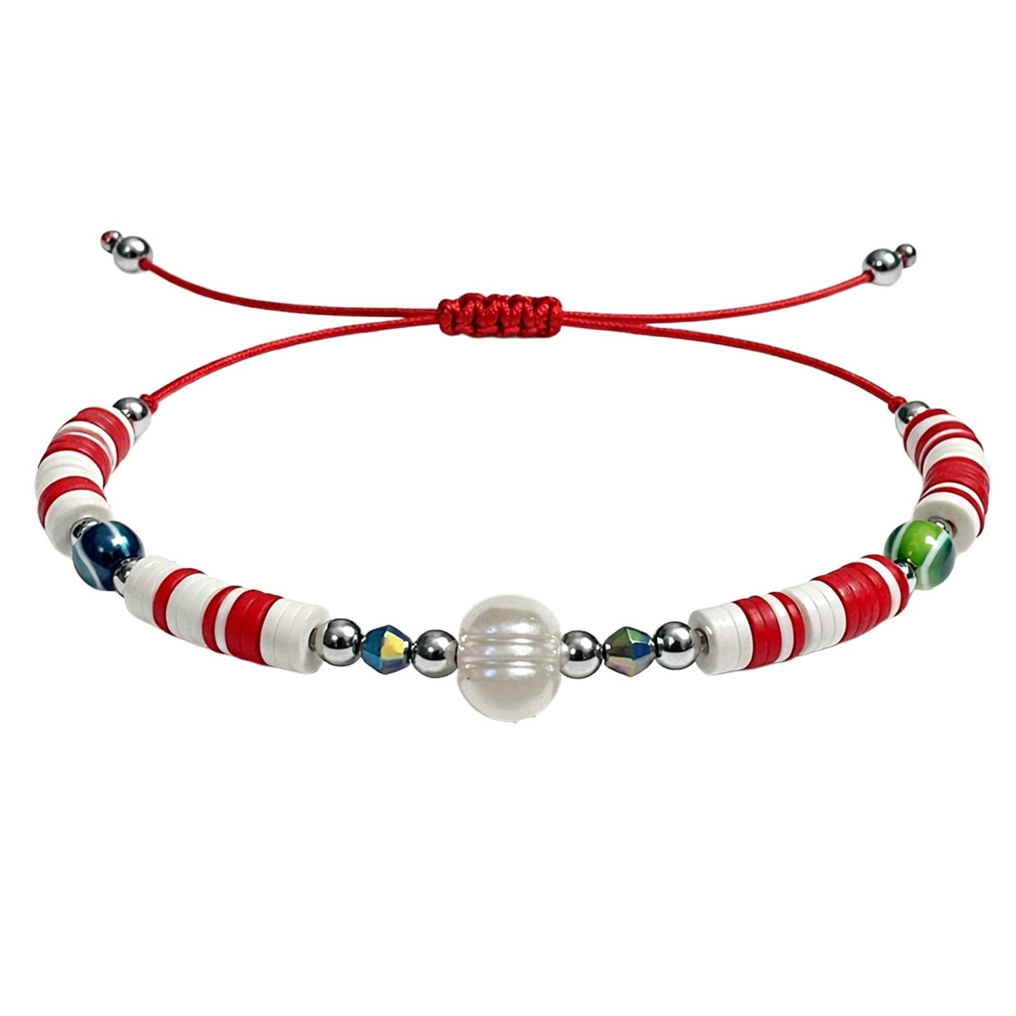 Pulsera de Hilo con Cuentas Heishi y Bola de Acero - Color Rojo - SKU 23857