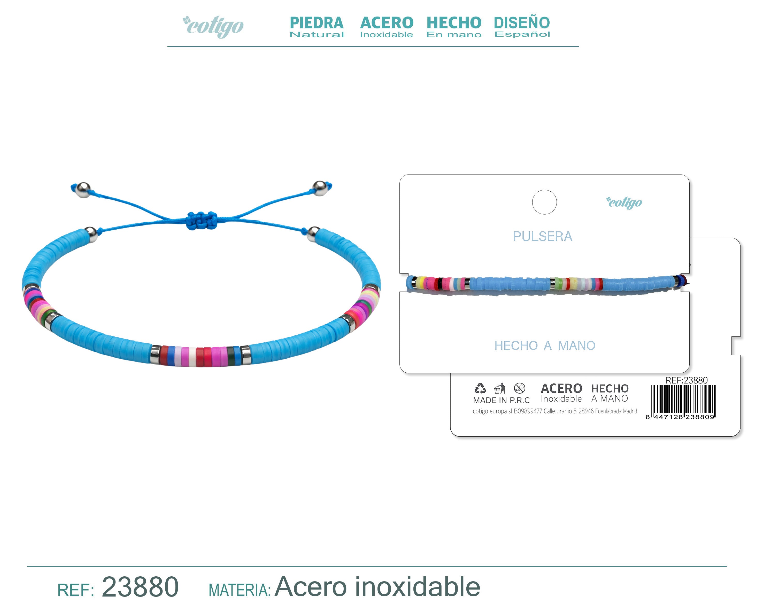 Pulsera de Hilo Encerado con Cuentas Heishi Multicolor en acabado azul cian – vista principal