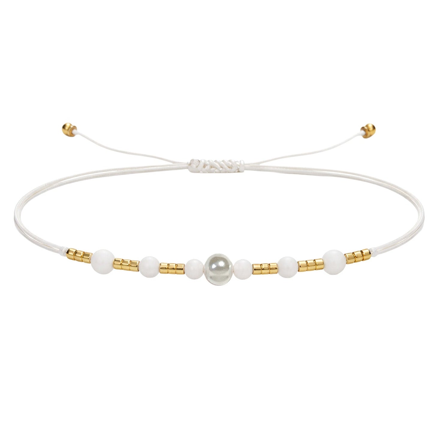 Pulsera de Hilo con Piedras Naturales y Bola de Acero - Color Blanco - SKU 23890