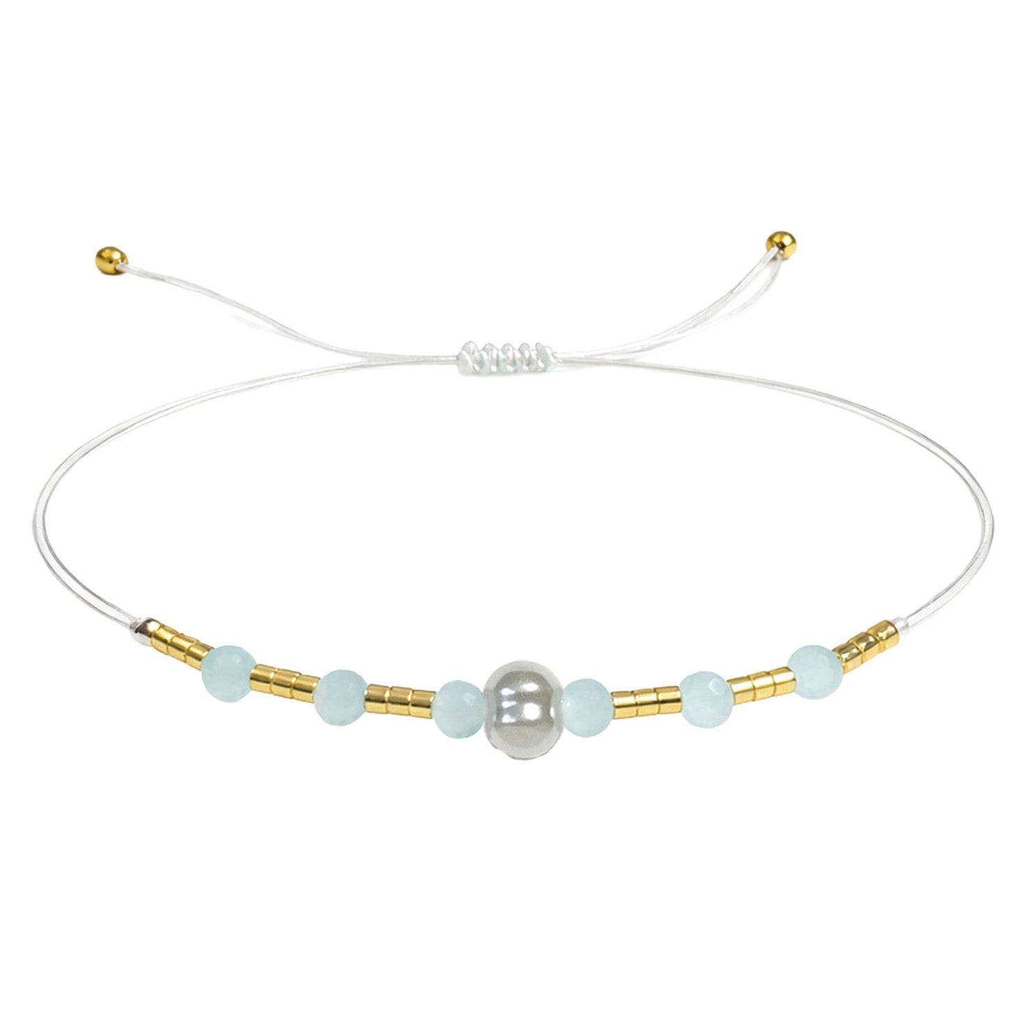 Pulsera de Hilo con Piedras Naturales y Bola de Acero - Color Azul Claro - SKU 23894