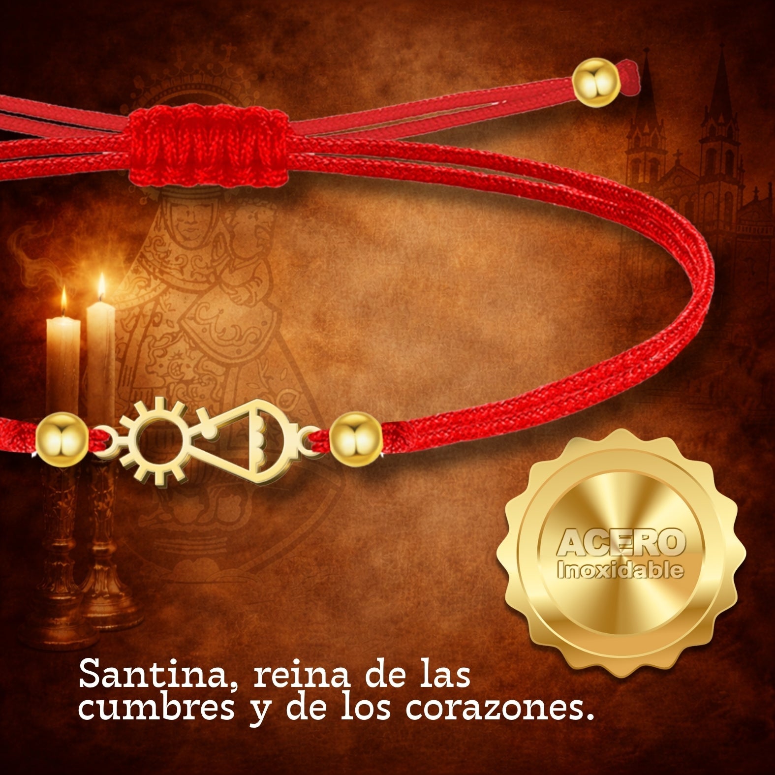 Pulsera Virgen de Covadonga Hilo Rojo en Acero Dorado cotigo