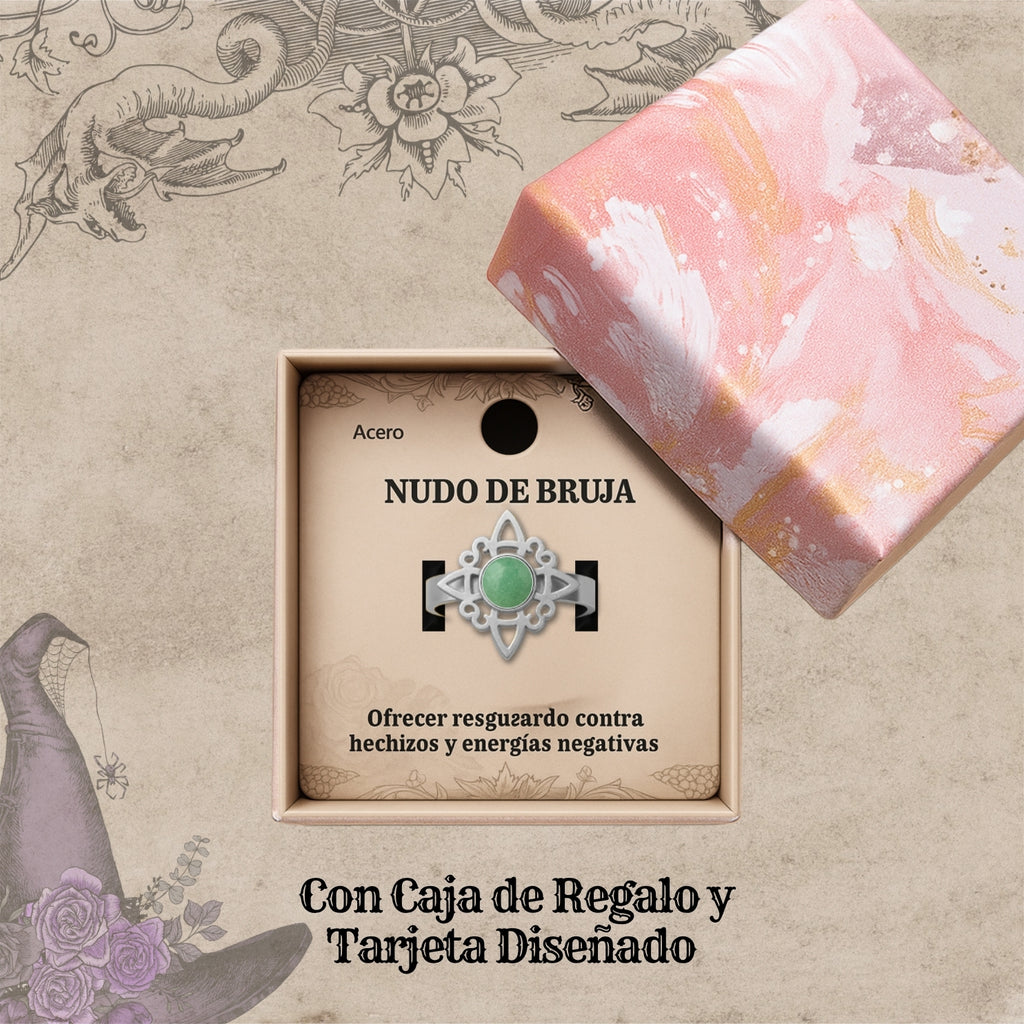 Anillo Nudo de Bruja con Aventurina Verde en Acero Plateado - cotigo