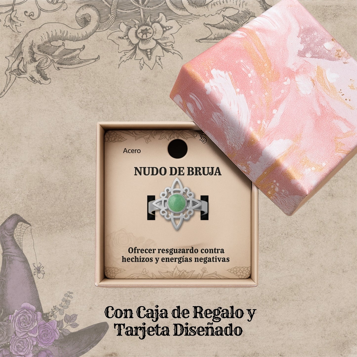 Anillo Nudo de Bruja Acero Plateado con Aventurina Verde