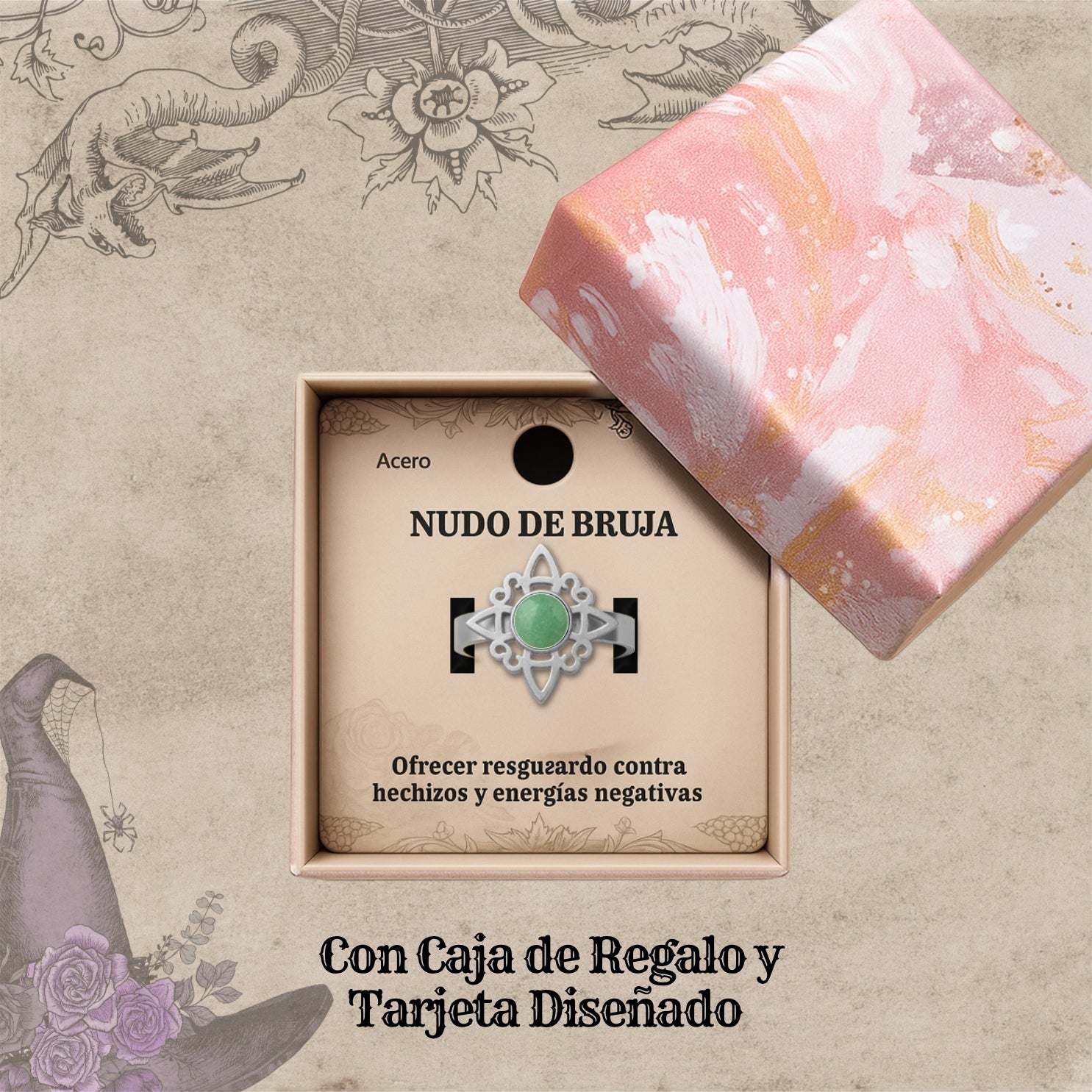 Anillo Nudo de Bruja con Aventurina Verde en Acero Plateado - cotigo