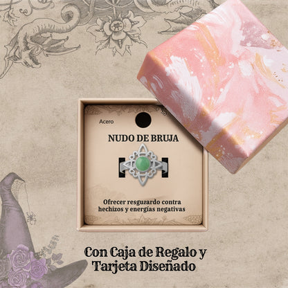 Anillo Nudo de Bruja Acero Plateado con Aventurina Verde