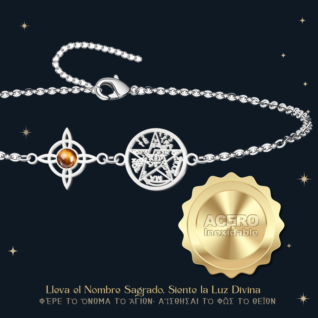 Pulsera Tetragrammaton y Nudo de Bruja con Ojo de Tigre en Acero - cotigo