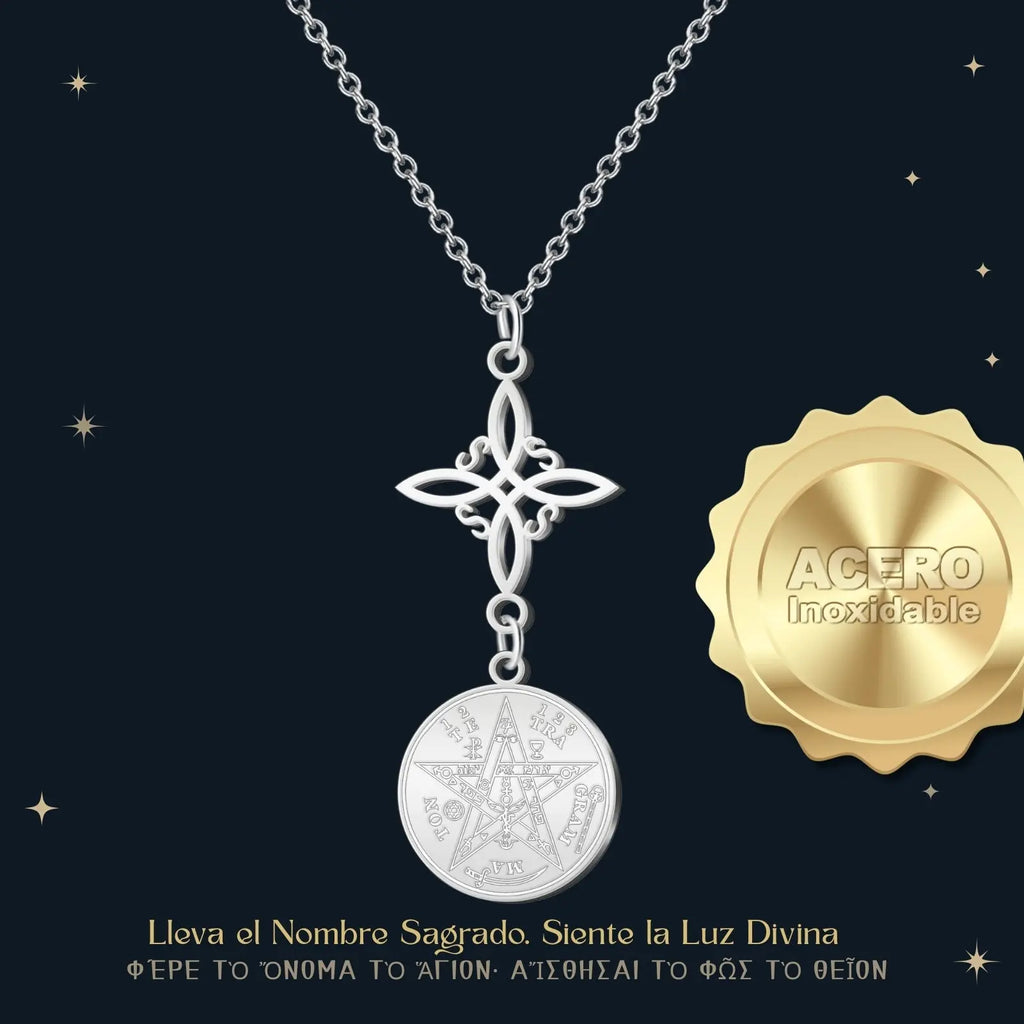 Colgante Medalla de Tetragrammaton y Nudo de Bruja en Acero Plateado - cotigo