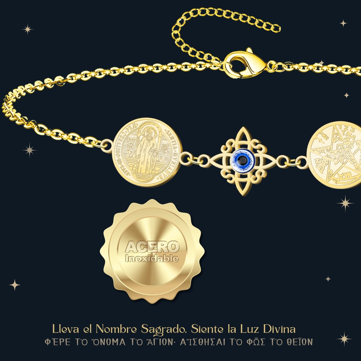 Pulsera Tetragrammaton con Nudo de Bruja y San Benito | Amuleto de Protección y Luz Divina en Acero Inoxidable