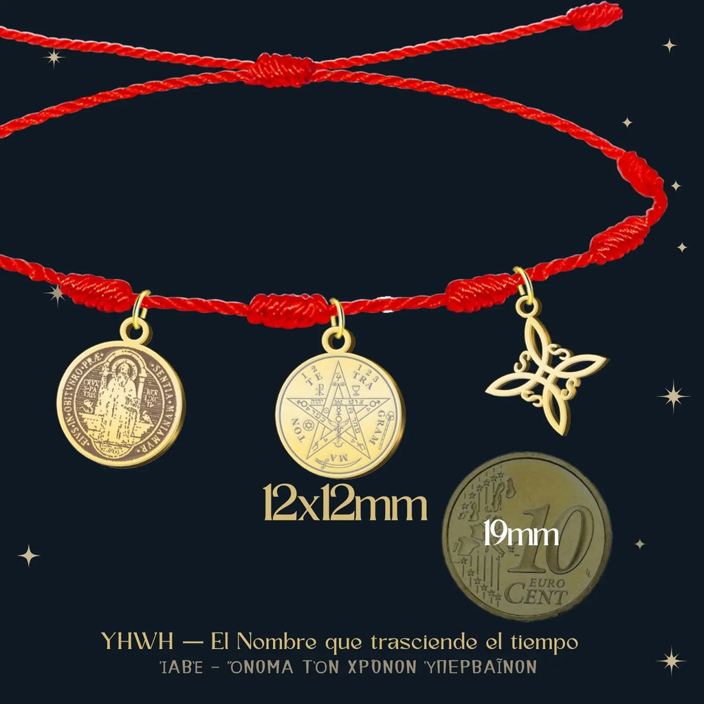 Pulsera 7 Nudos con Colgante Dorado: Tetragrammaton, Nudo de Bruja y San Benito - cotigo