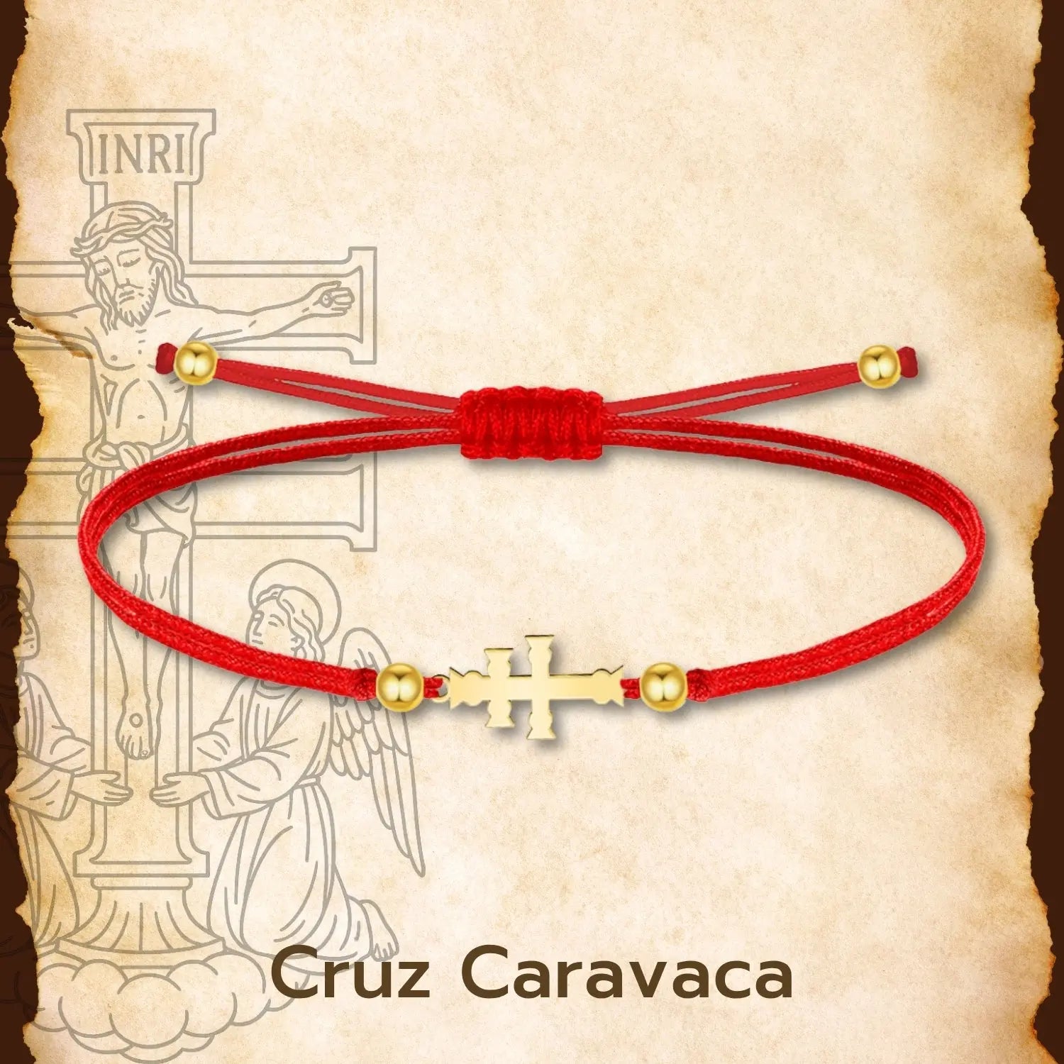 Pulsera Hilo Rojo Cruz de Caravaca en Acero Dorado - cotigo