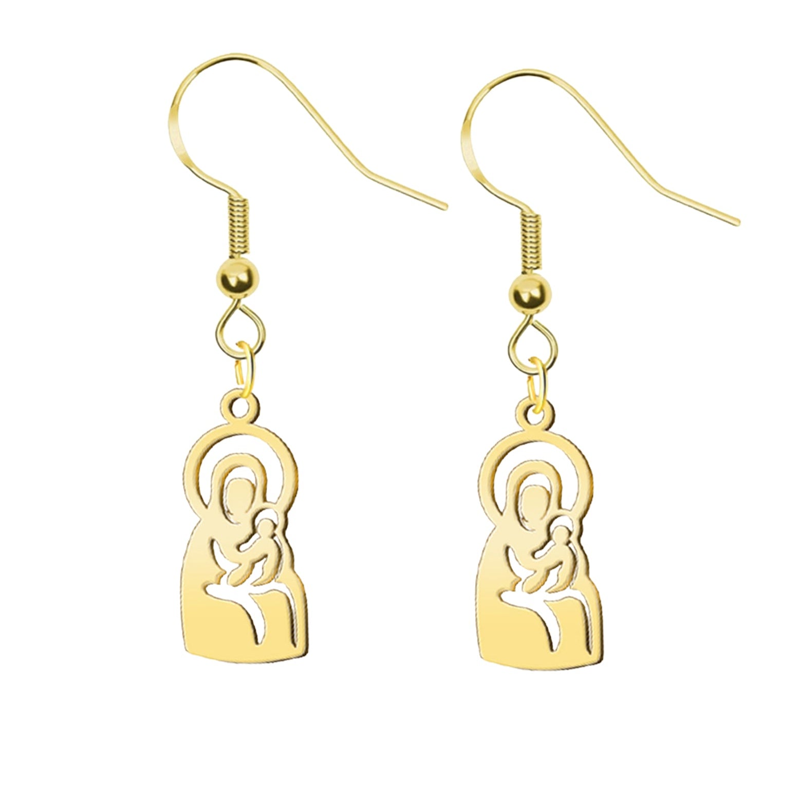 Pendientes largos con silueta calada de la Virgen de Valvanera en acero inoxidable dorado con tarjeta de presentación