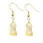 Pendientes largos con silueta calada de la Virgen de Valvanera en acero inoxidable dorado con tarjeta de presentación