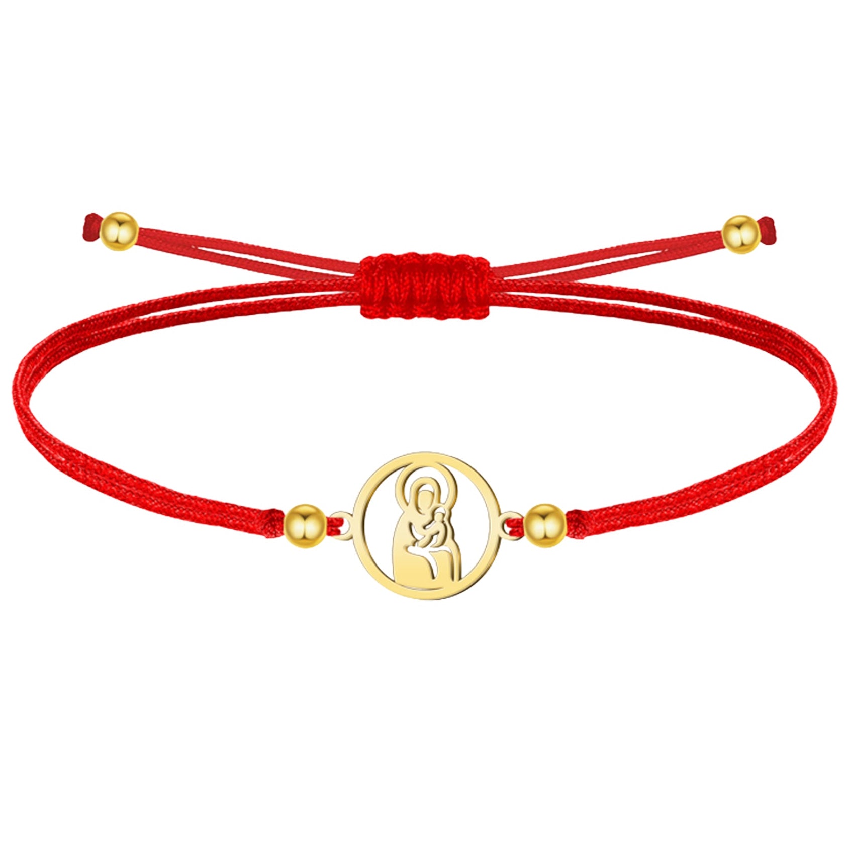 Pulsera de hilo con Virgen de Valvanera en acero y acabado dorado