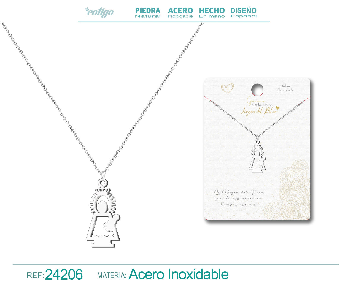 Collar de acero inoxidable plateado con colgante de silueta minimalista de la Virgen del Pilar y cadena de eslabones finos.