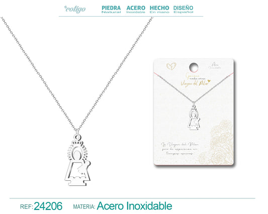Collar de acero inoxidable plateado con colgante de silueta minimalista de la Virgen del Pilar y cadena de eslabones finos.