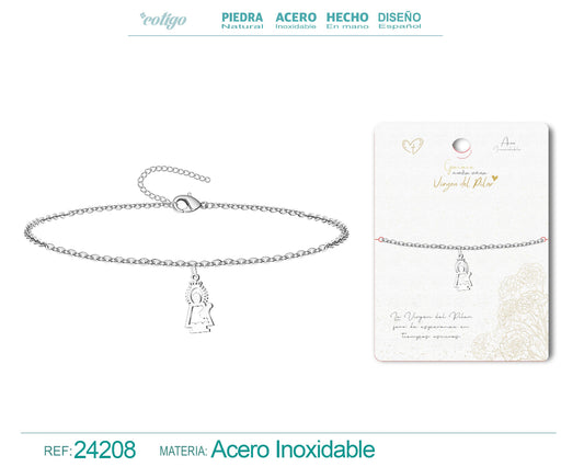 Pulsera de cadena fina en acero inoxidable con colgante de silueta de la Virgen del Pilar presentada en tarjeta de regalo